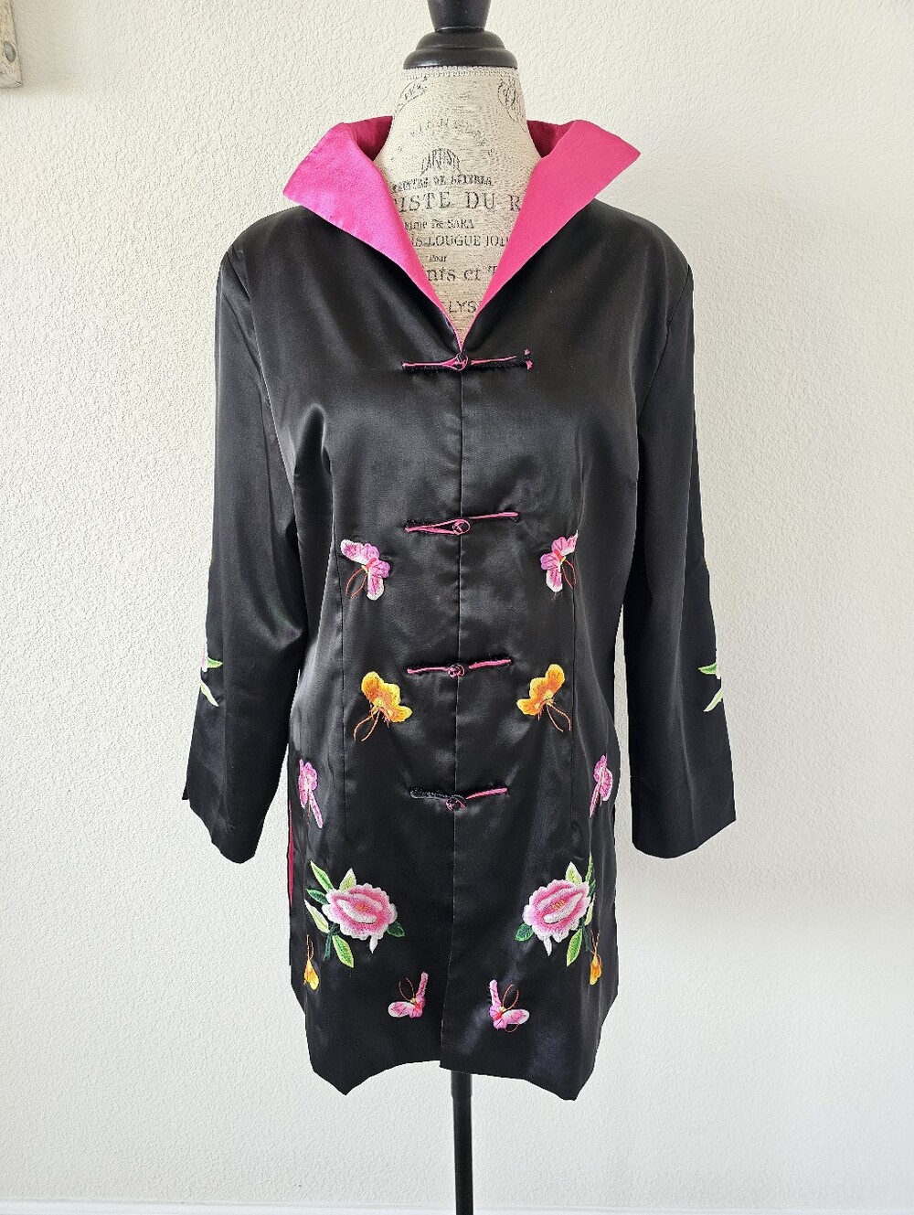 Panda Black Embroidered Floral Butterfly Satin Jacket Frog Buttons Hot Pink